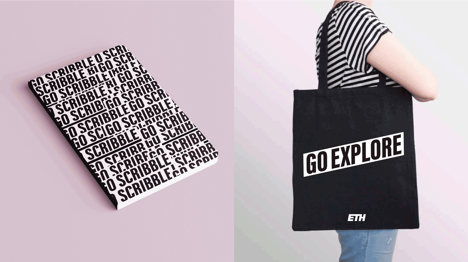 A notebook printed with repeating 'Go Scribble' text, and a tote bag reading 'Go Explore'